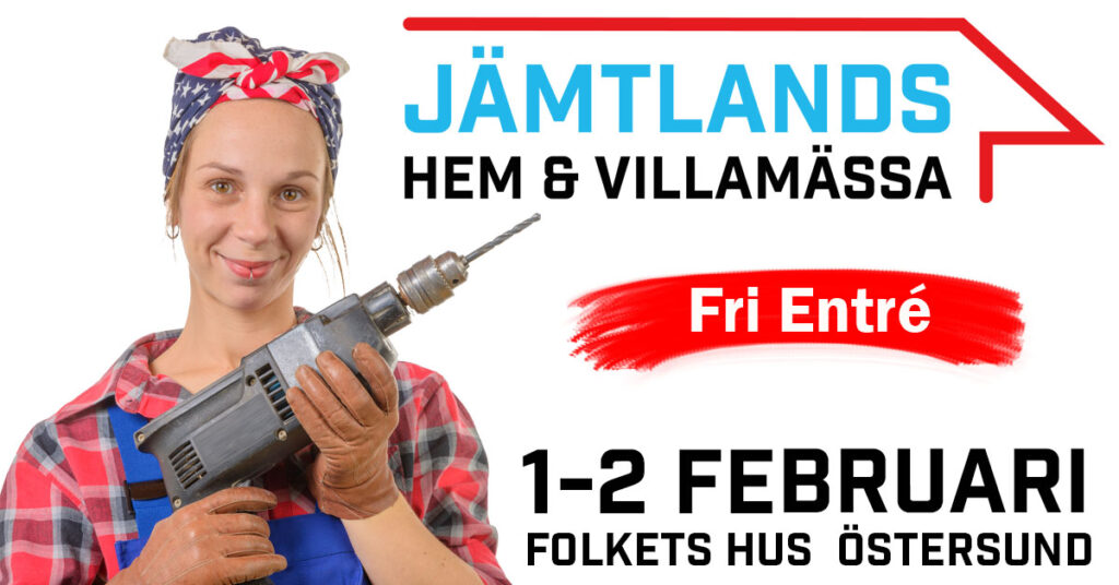 En glad kvinna i snickarkläder med en borrmaskin framför bröstet. I bilden står det Jämtlands hem och villamässa, fri entré samt 1-2 februari på folkets hus i Östersund. 