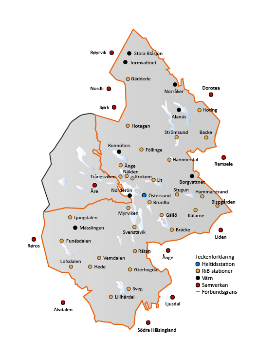 Karta över brandstationerna i Jämtland.
